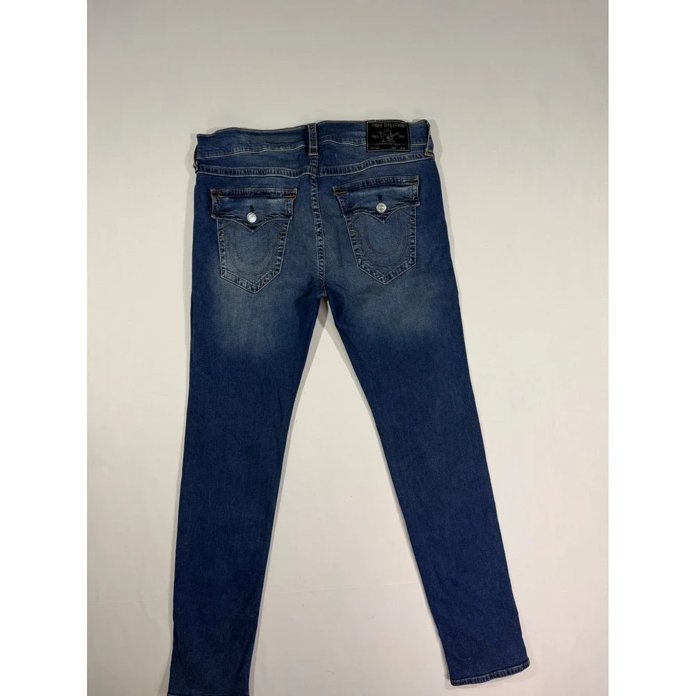 True Religion Rocco Relaxed Skinny Blue Denim Jeans Mens 38 Flap Pocket